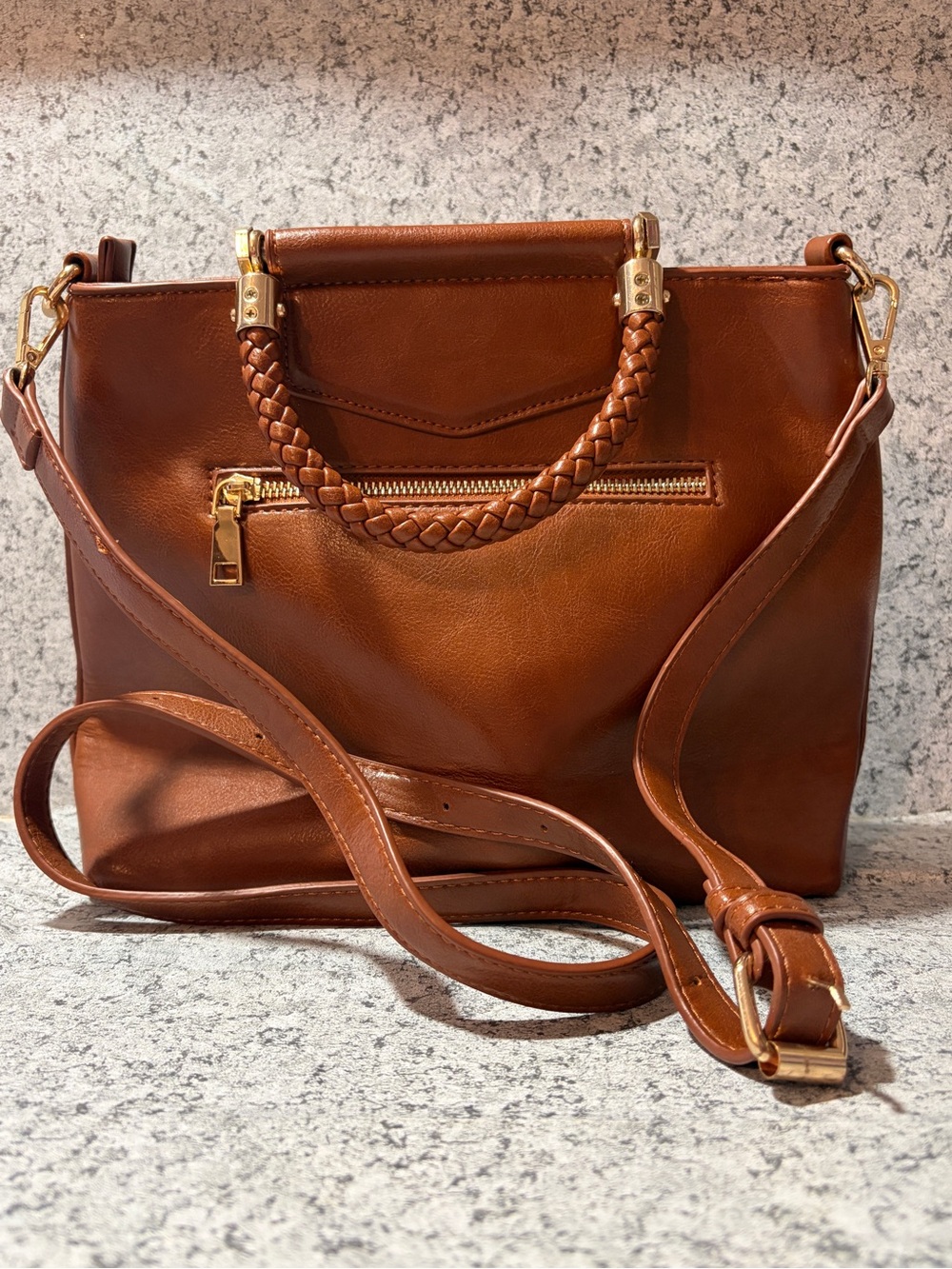 Miztique Cognac Brown Vegan Leather Satchel with Braided Handle and Strap